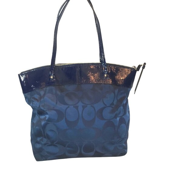 Coach Laura Signature Tote Navy Blue Textile & Patent Leather Large 12 X 12 - Picture 2 of 10
